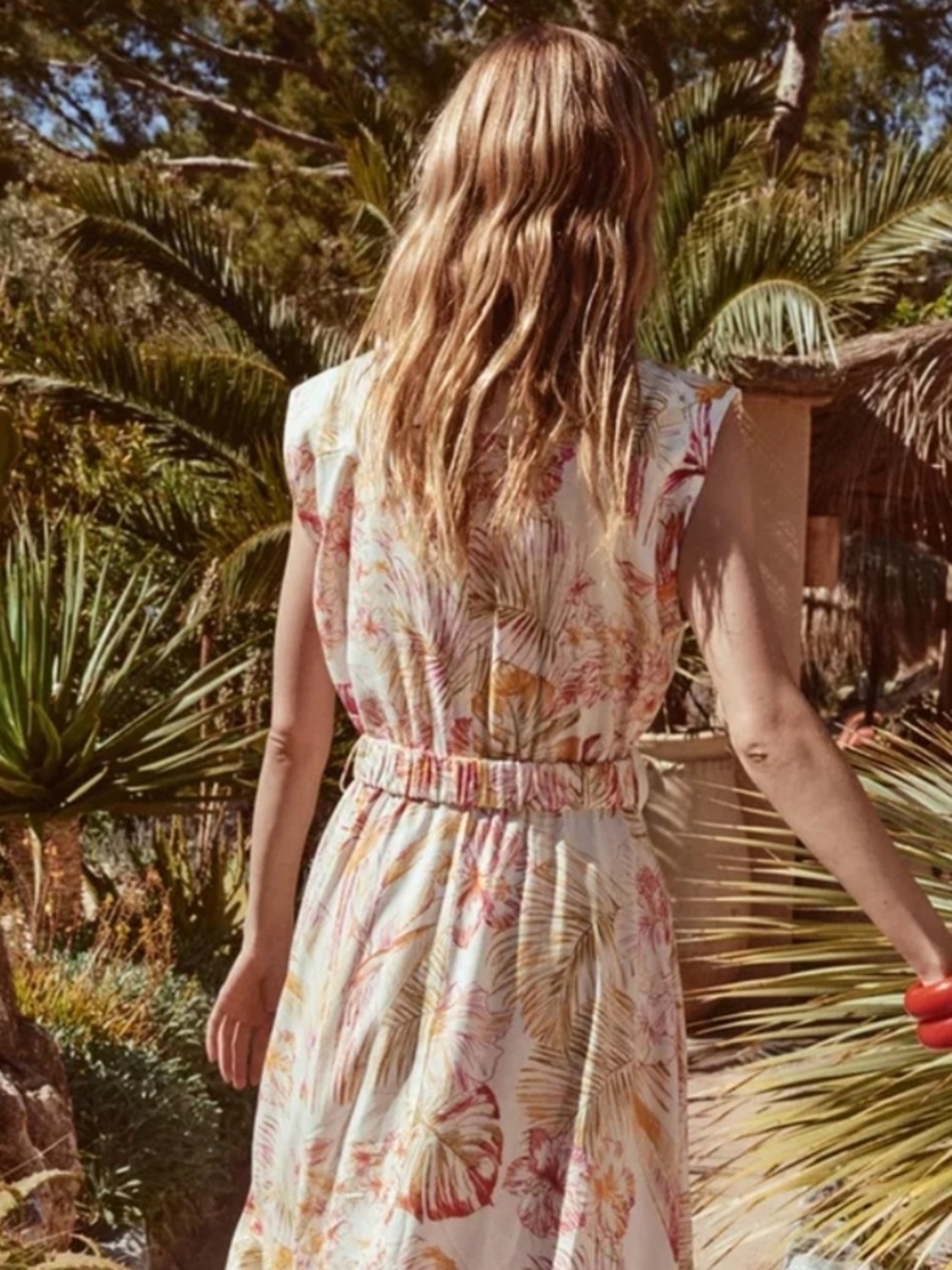 Zara Cream li en blend Maxi Dress with Pink & Yellow Tropical Print - Picture 2 of 9